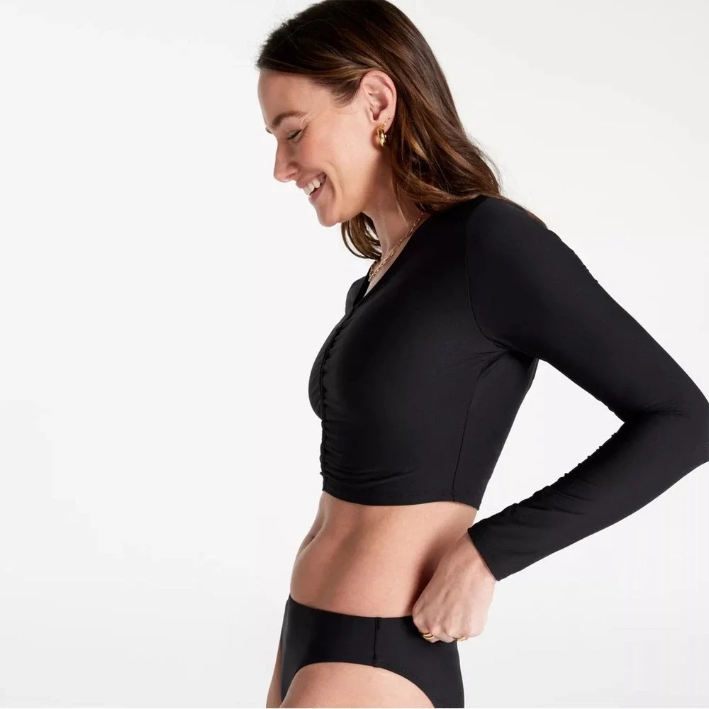 NWT Calia Long Sleeve Ruched Swim Rash-guard BLACK-**Size MEDIUM**‎